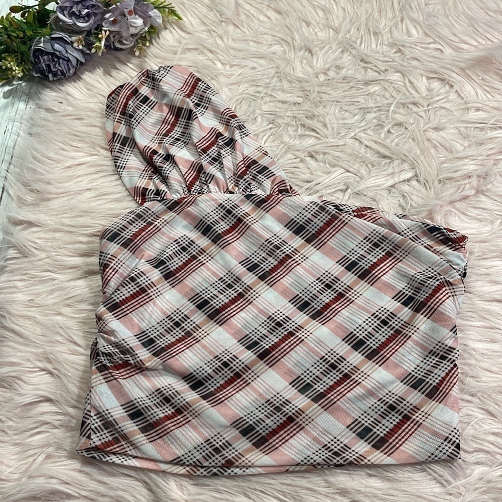 Verge Girl Day Trippers Plaid Mesh Pink One Shoulder Top - Picture 2 of 9